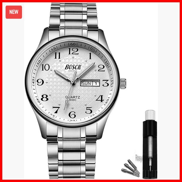 40mm Stainless Steel Quartz Watch with Date Day Display Waterproof Business